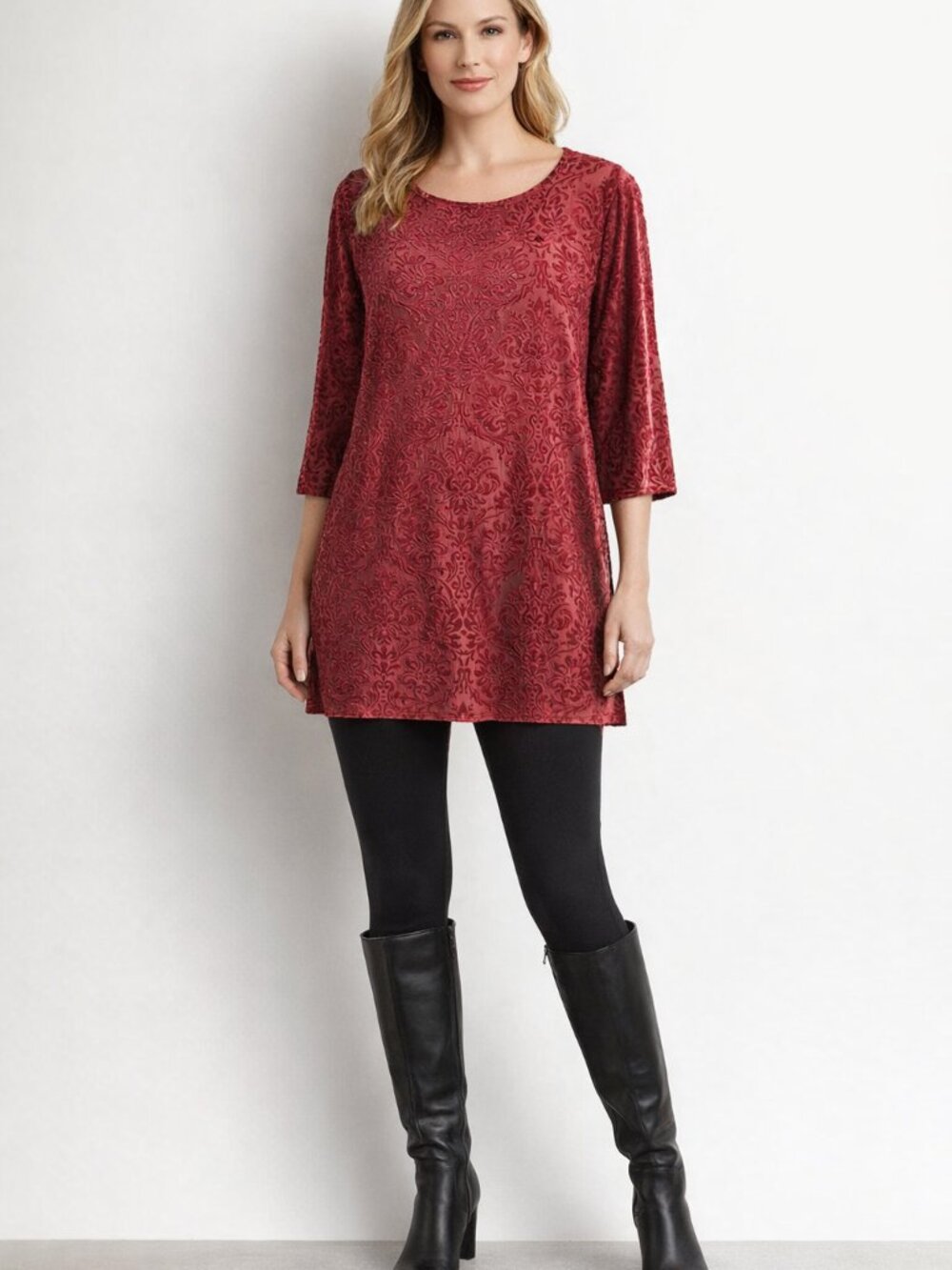 Red Burnout Velvet Burnout Tunic Blouse Cato – Elegant & Cozy Size M
